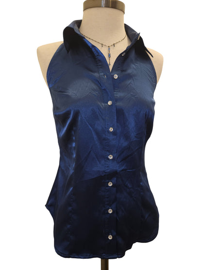 A. Byer Blue Satin Halter Blouse with Crystal Buttons – Women’s Size M (Fits Small)