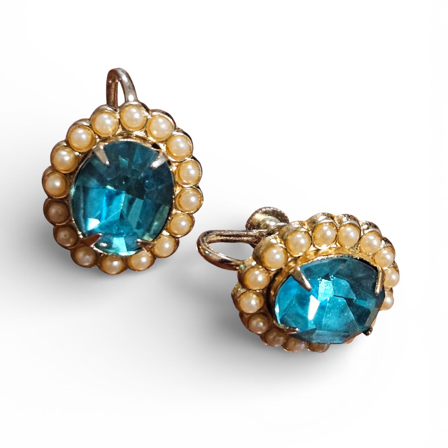 Vintage Blue Glass & Faux Pearl Screw-Back Earrings Mid-Century Halo Design