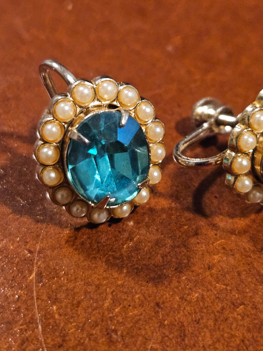 Vintage Blue Glass & Faux Pearl Screw-Back Earrings Mid-Century Halo Design