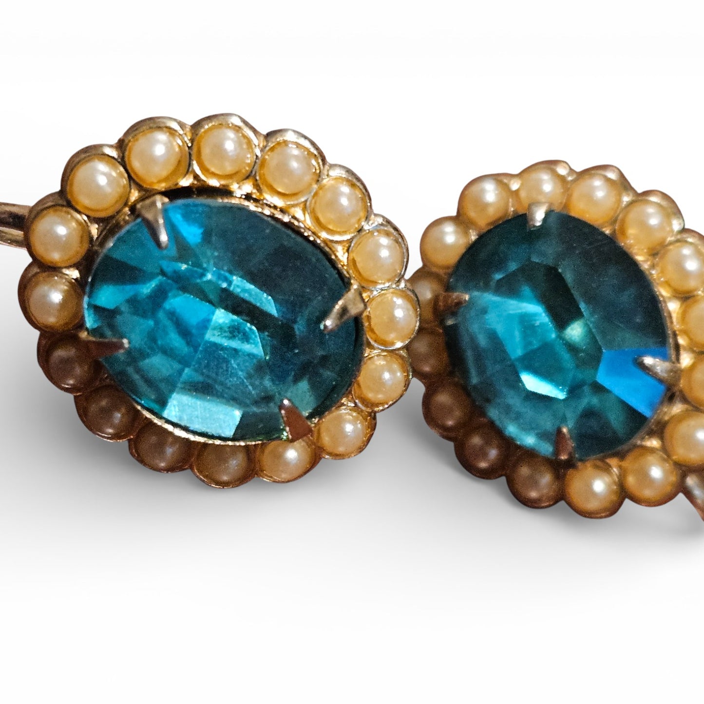 Vintage Blue Glass & Faux Pearl Screw-Back Earrings Mid-Century Halo Design