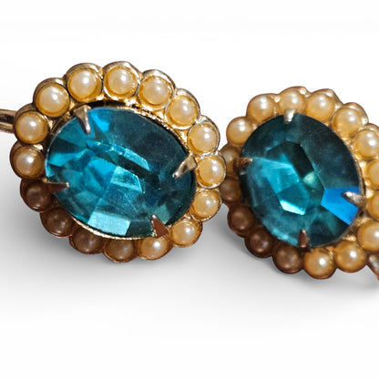 Vintage Blue Glass & Faux Pearl Screw-Back Earrings Mid-Century Halo Design