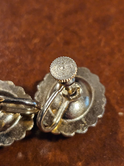 Vintage Blue Glass & Faux Pearl Screw-Back Earrings Mid-Century Halo Design