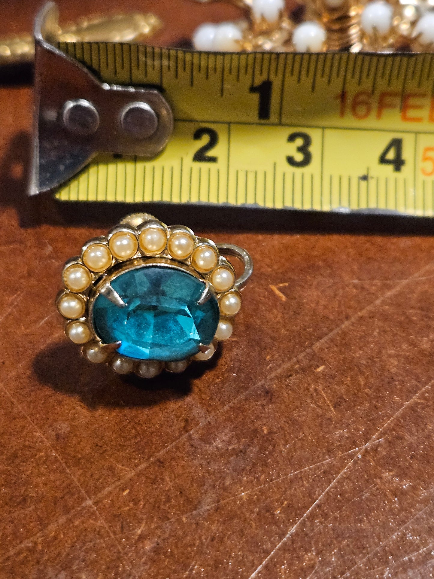 Vintage Blue Glass & Faux Pearl Screw-Back Earrings Mid-Century Halo Design