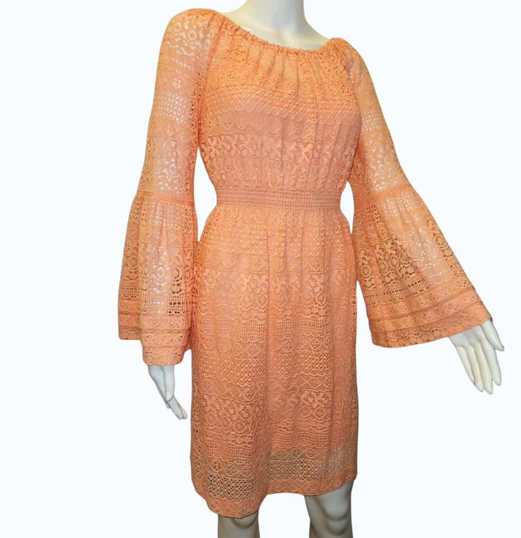 Boston Proper Peachy Pink Lace Fit & Flare Dress with Bell Sleeves – Size 6 – NWOT