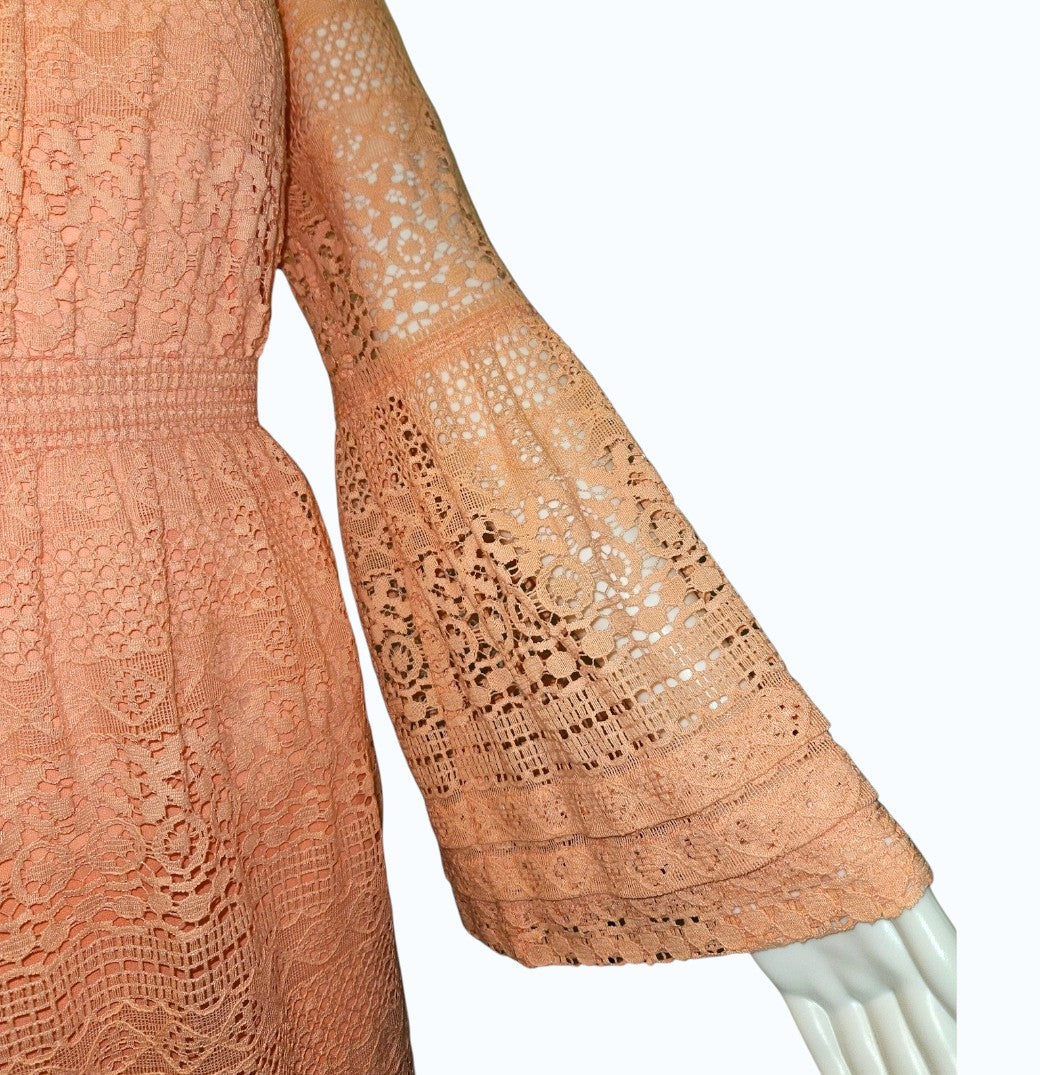 Boston Proper Peachy Pink Lace Fit & Flare Dress with Bell Sleeves – Size 6 – NWOT