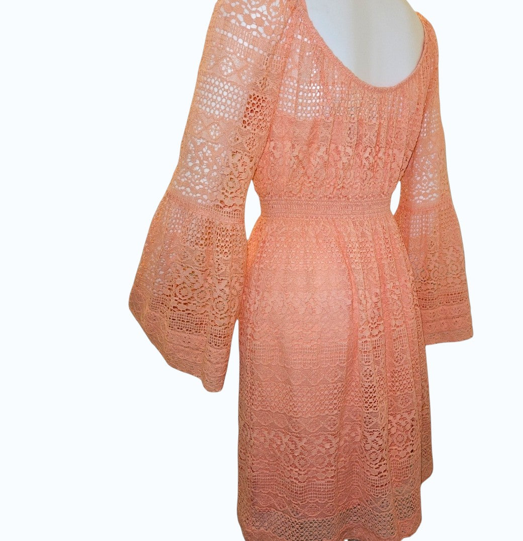Boston Proper Peachy Pink Lace Fit & Flare Dress with Bell Sleeves – Size 6 – NWOT