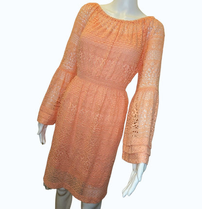 Boston Proper Peachy Pink Lace Fit & Flare Dress with Bell Sleeves – Size 6 – NWOT