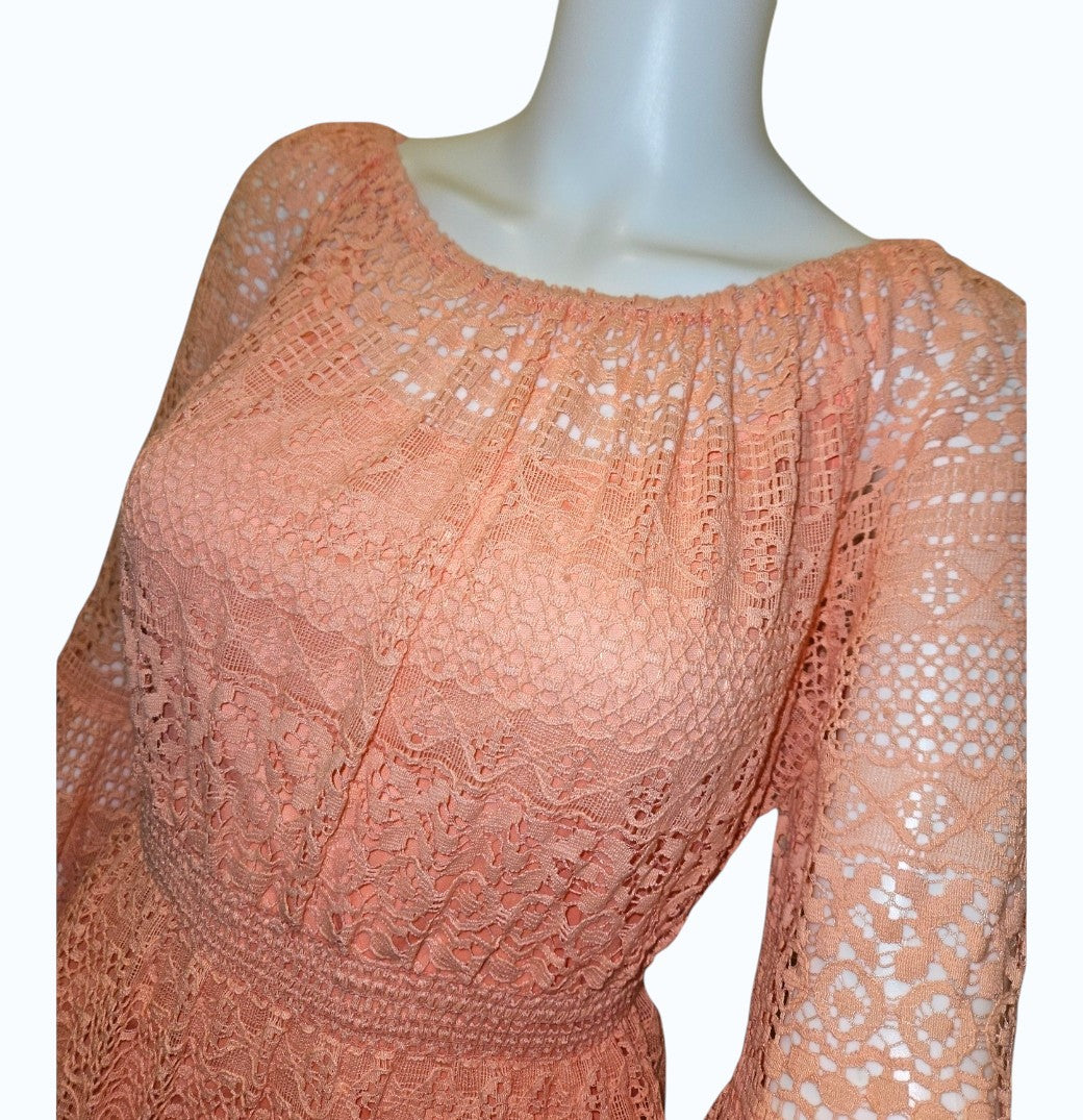 Boston Proper Peachy Pink Lace Fit & Flare Dress with Bell Sleeves – Size 6 – NWOT
