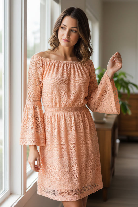 Boston Proper Peachy Pink Lace Fit & Flare Dress with Bell Sleeves – Size 6 – NWOT