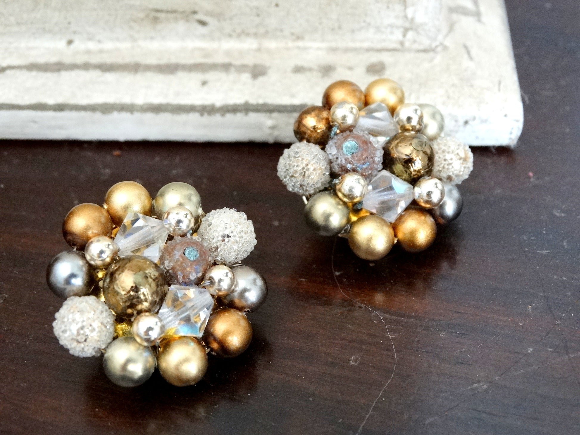 Vintage Beaded Cluster Clip-On Earrings Gold, Bronze & Silver Aurora Borealis image 2