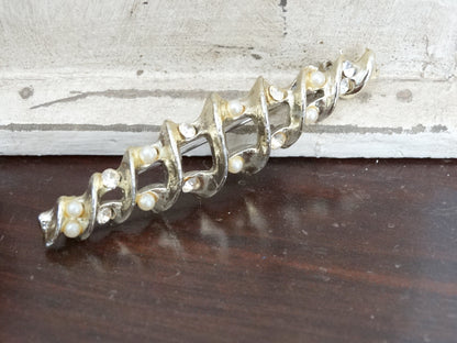 Vintage 60s Gold-Tone Bar Brooch Faux Pearls & Rhinestones image 2