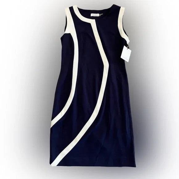 Calvin Klein Navy & White Sleeveless Sheath Dress – Size 6 (NWT)