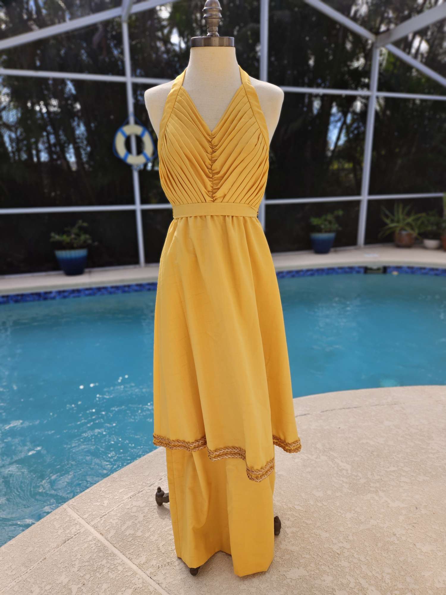 Vtg 60s Yellow Halter Maxi Dress Pleated Bodice Layered Skirt Gold Trim Gown image 0