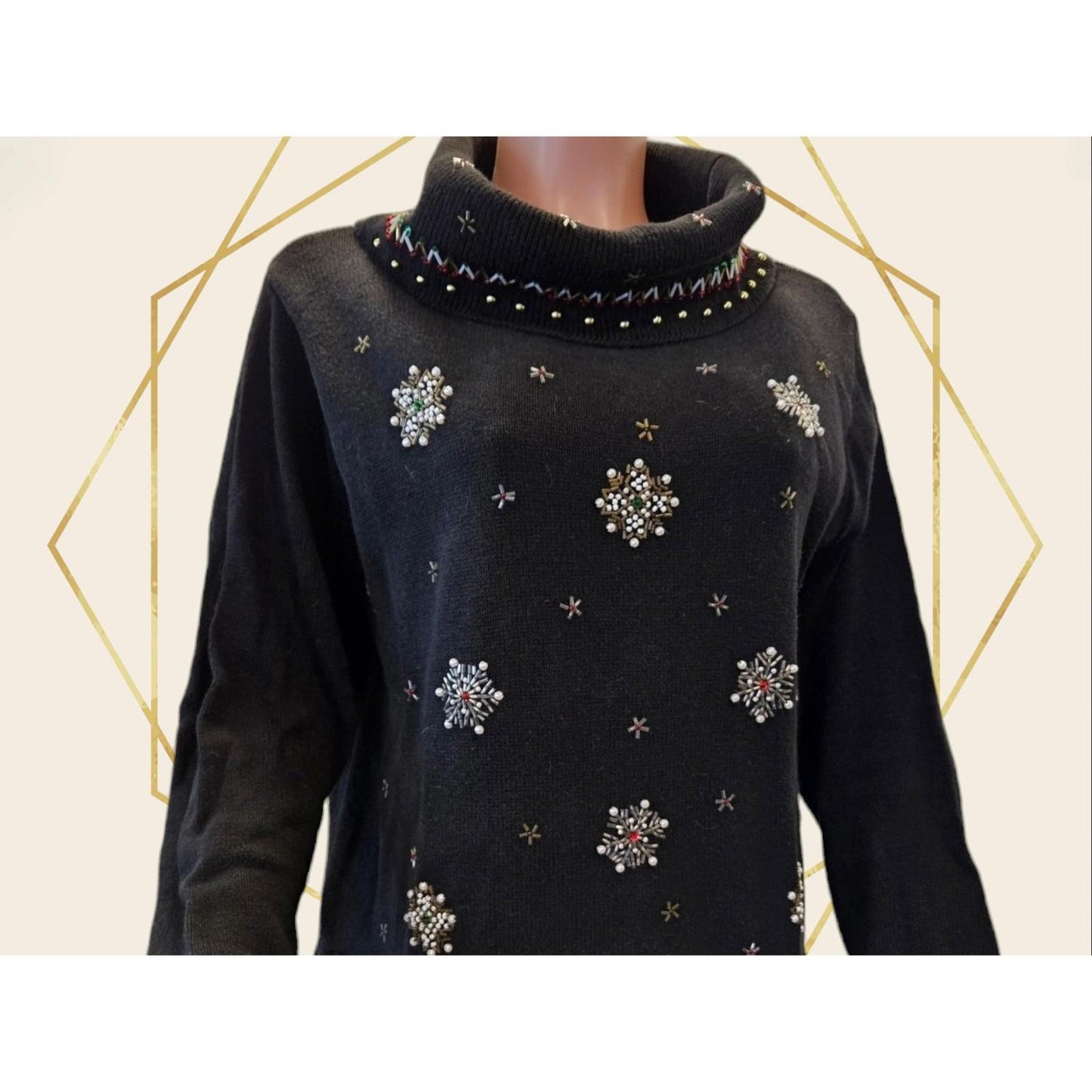 Vintage Christmas Sweater Beads Sequins Snowflakes Candy Canes