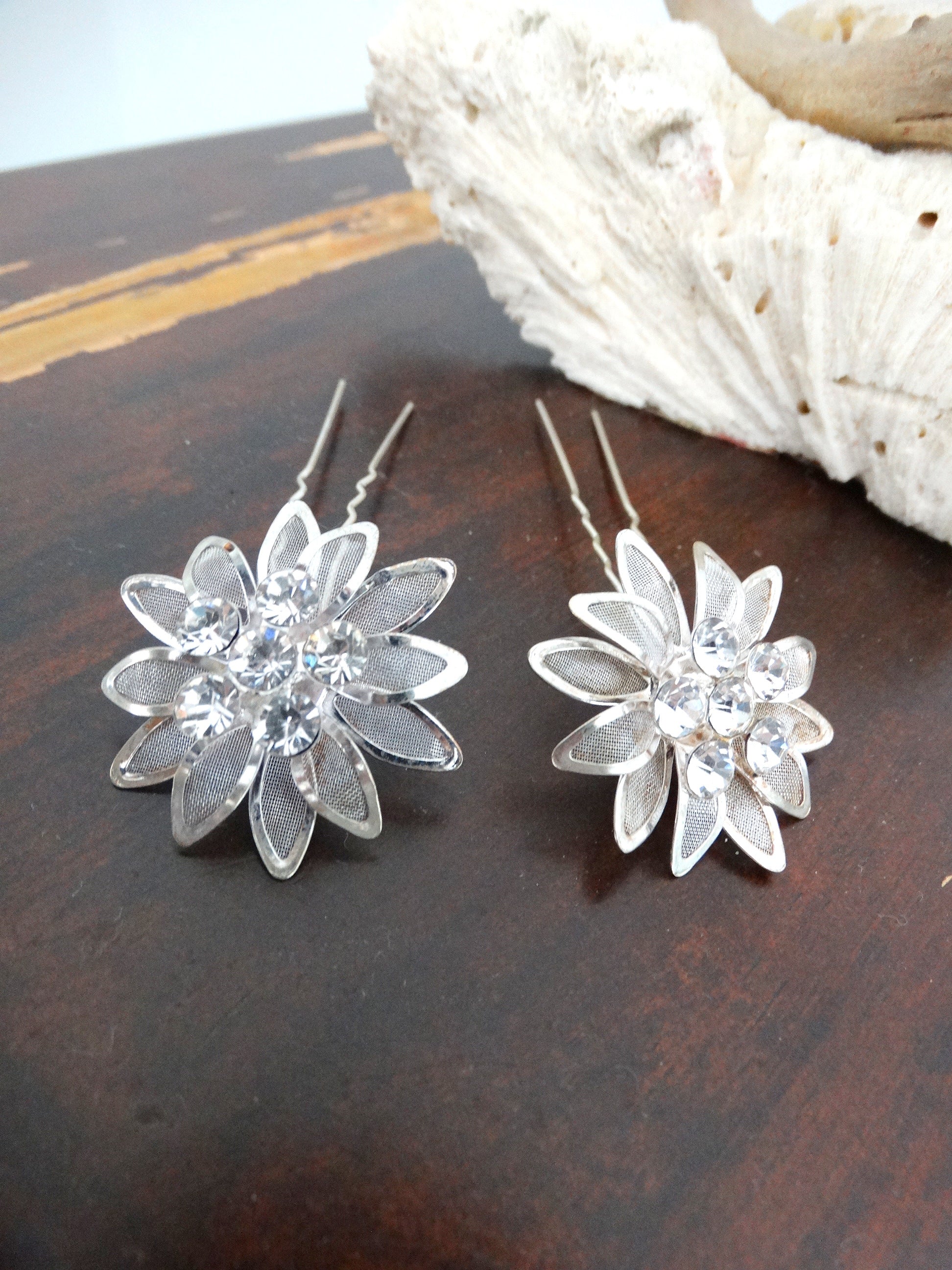 Vintage Mesh Silver Flower Hair Picks Rhinestone Crystal image 5
