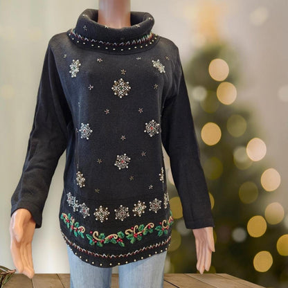 Vintage Christmas Sweater Beads Sequins Snowflakes Candy Canes