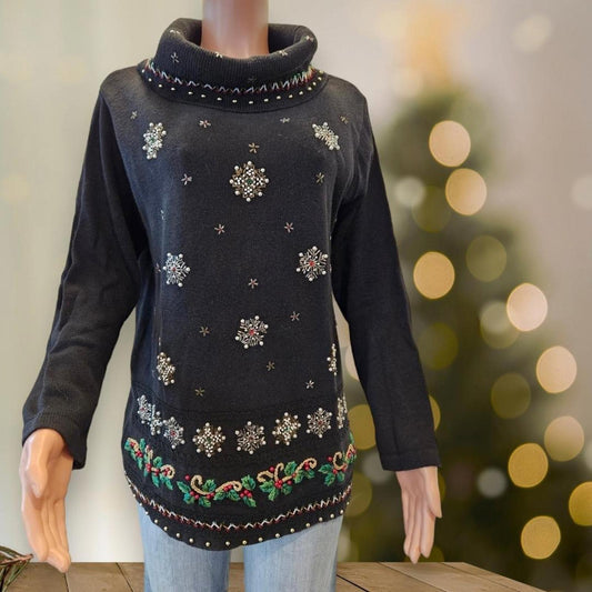 Vintage Christmas Sweater Beads Sequins Snowflakes Candy Canes