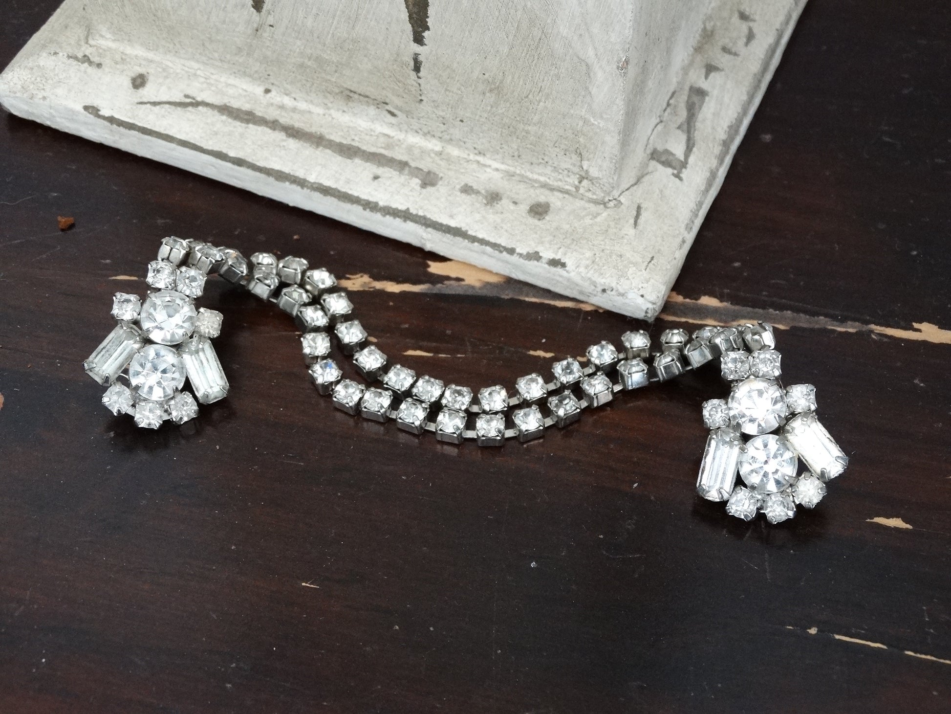 Vintage Rhinestone Double Chain Sweater Guard Clip Mid Century image 1