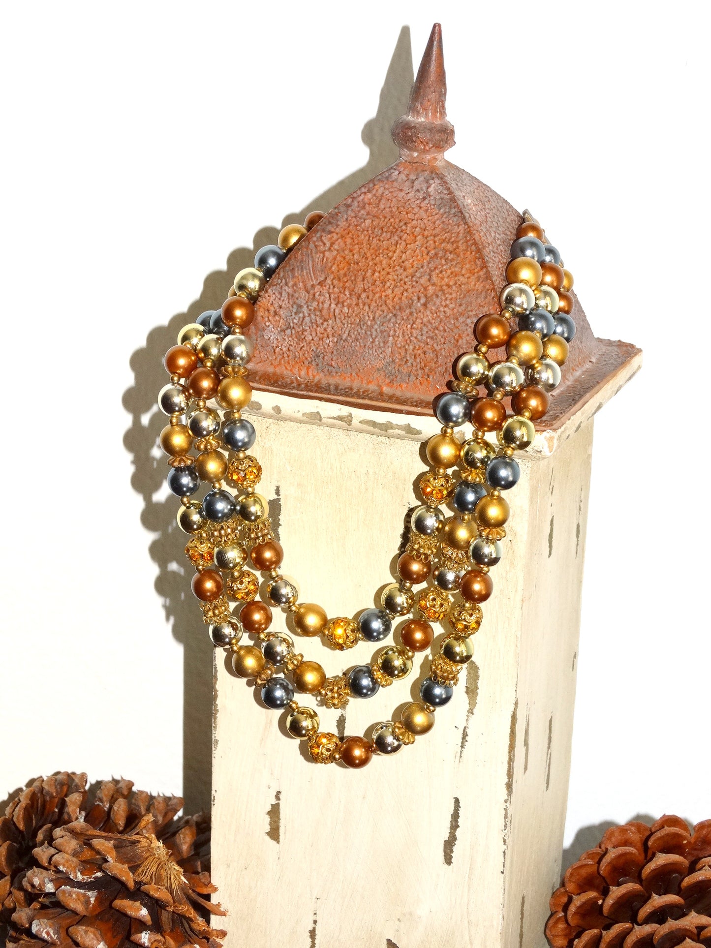 Vtg 3-Strand Bead Brown Gold Filigree Metallic Pearl Choker Necklace image 2