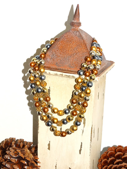 Vtg 3-Strand Bead Brown Gold Filigree Metallic Pearl Choker Necklace image 2