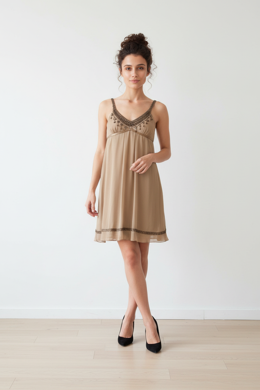 Sue Wong Silk Beaded Cocktail Dress Size 6 Champagne Taupe Chiffon image 0