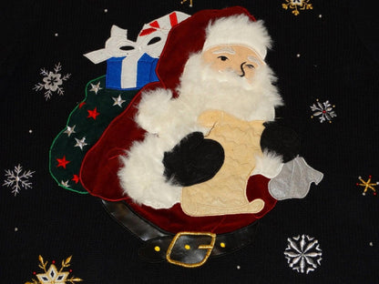 Vintage 1990s Designer Original Studio Christmas Santa Beaded Zip-Front Sweater Jumper