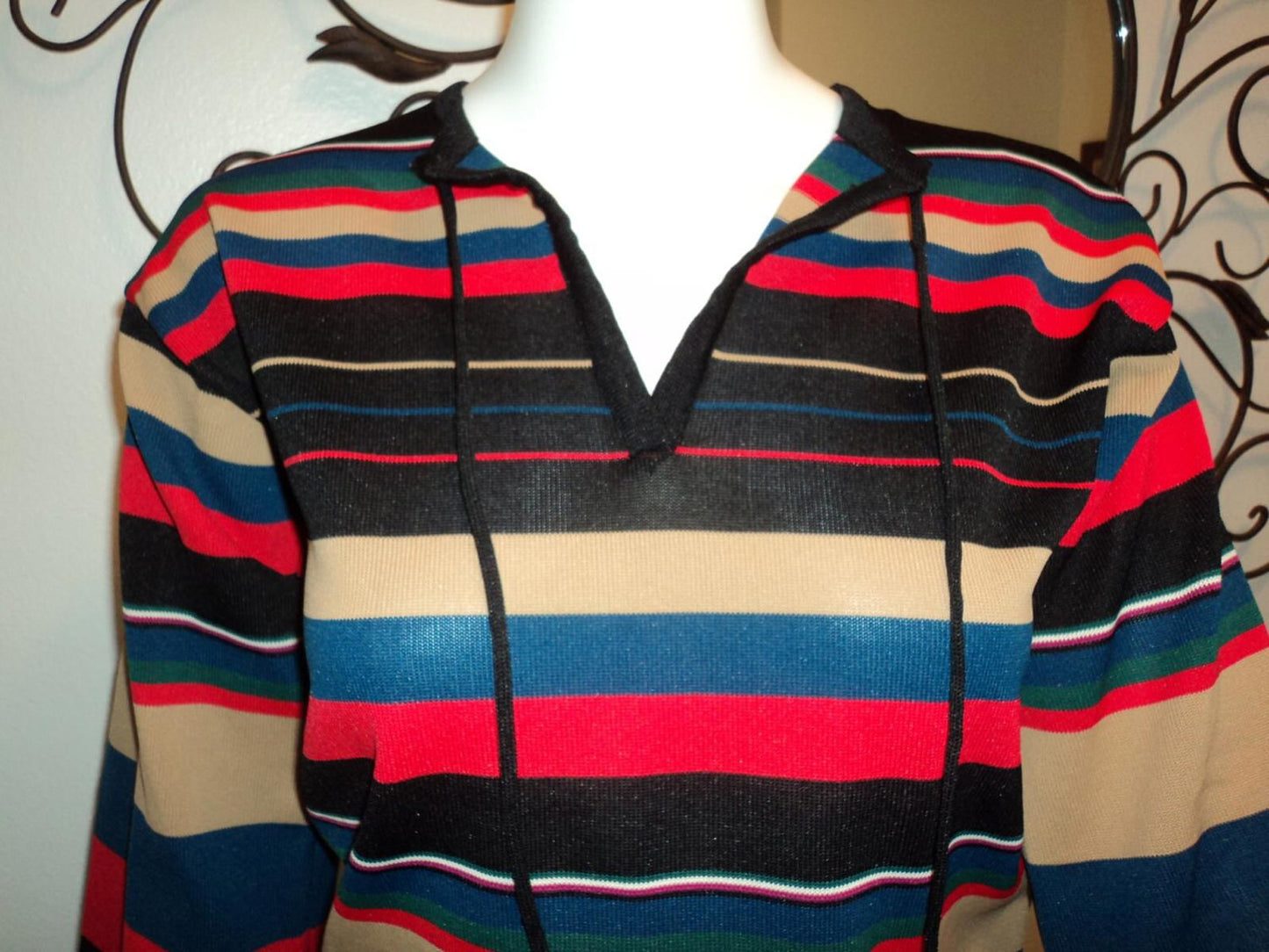 Vintage 70s Striped Bell Sleeve Top - Red, Blue, Black, Tan - Size S/M