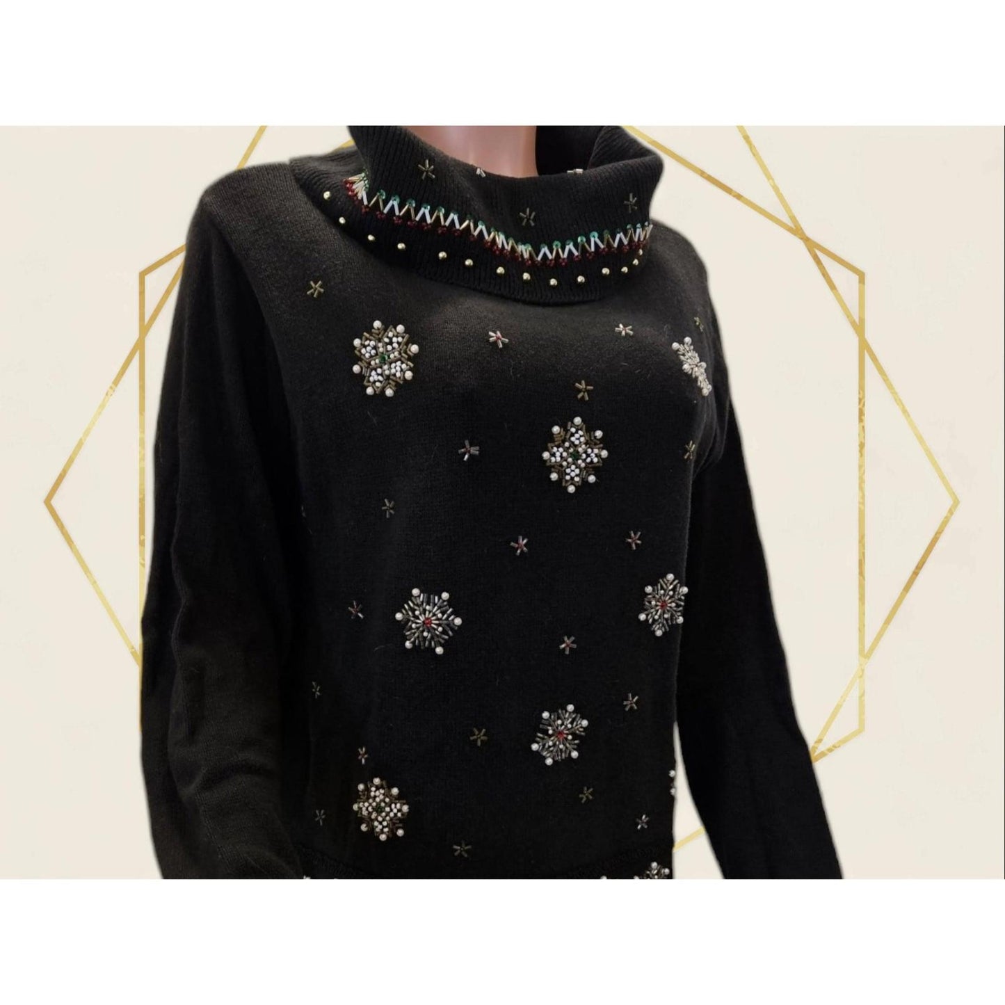 Vintage Christmas Sweater Beads Sequins Snowflakes Candy Canes