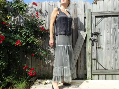 Vintage 80s Boho Tiered Lace Skirt with Silky Blouse Tank Style Top - Medium