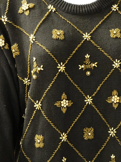 Vintage 80s Black Beaded Sweater Jumper - Size Large