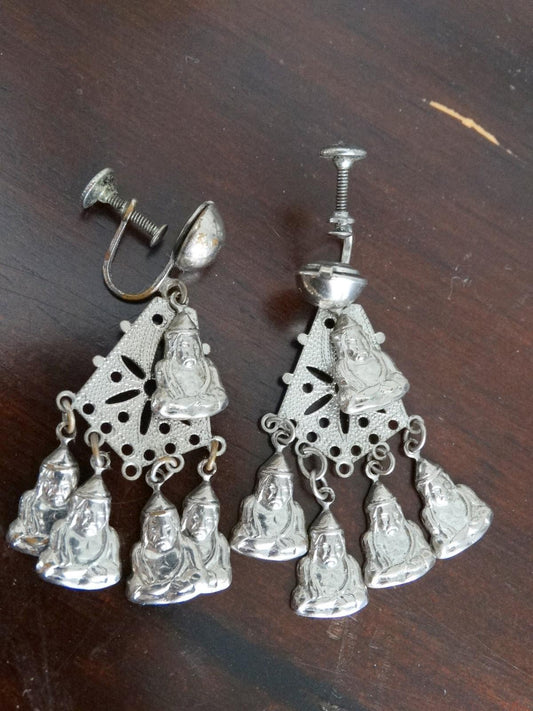 Vintage Buddha Dangle Earrings Screw-Back Drop Earrings Filagree image 0