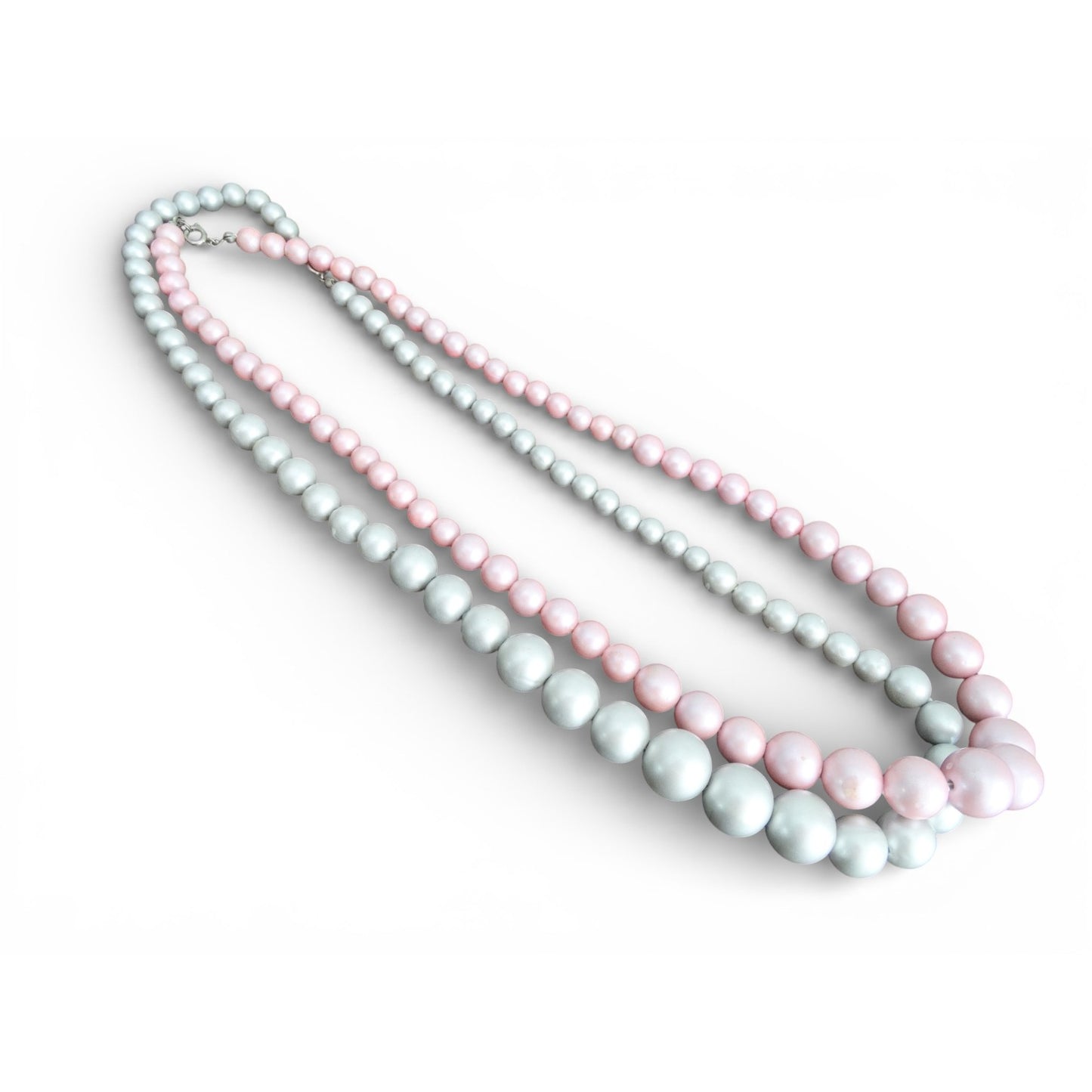 1950s–1960s  Pink & Gray Faux Pearl Graduated Necklaces Mid-Century Classic