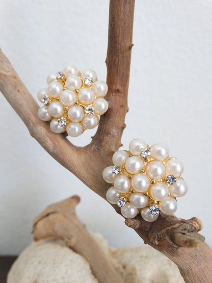 Vintage Pearl Cluster Clip-On Earrings Gold-Tone Rhinestone Accents 1960s Re image 2