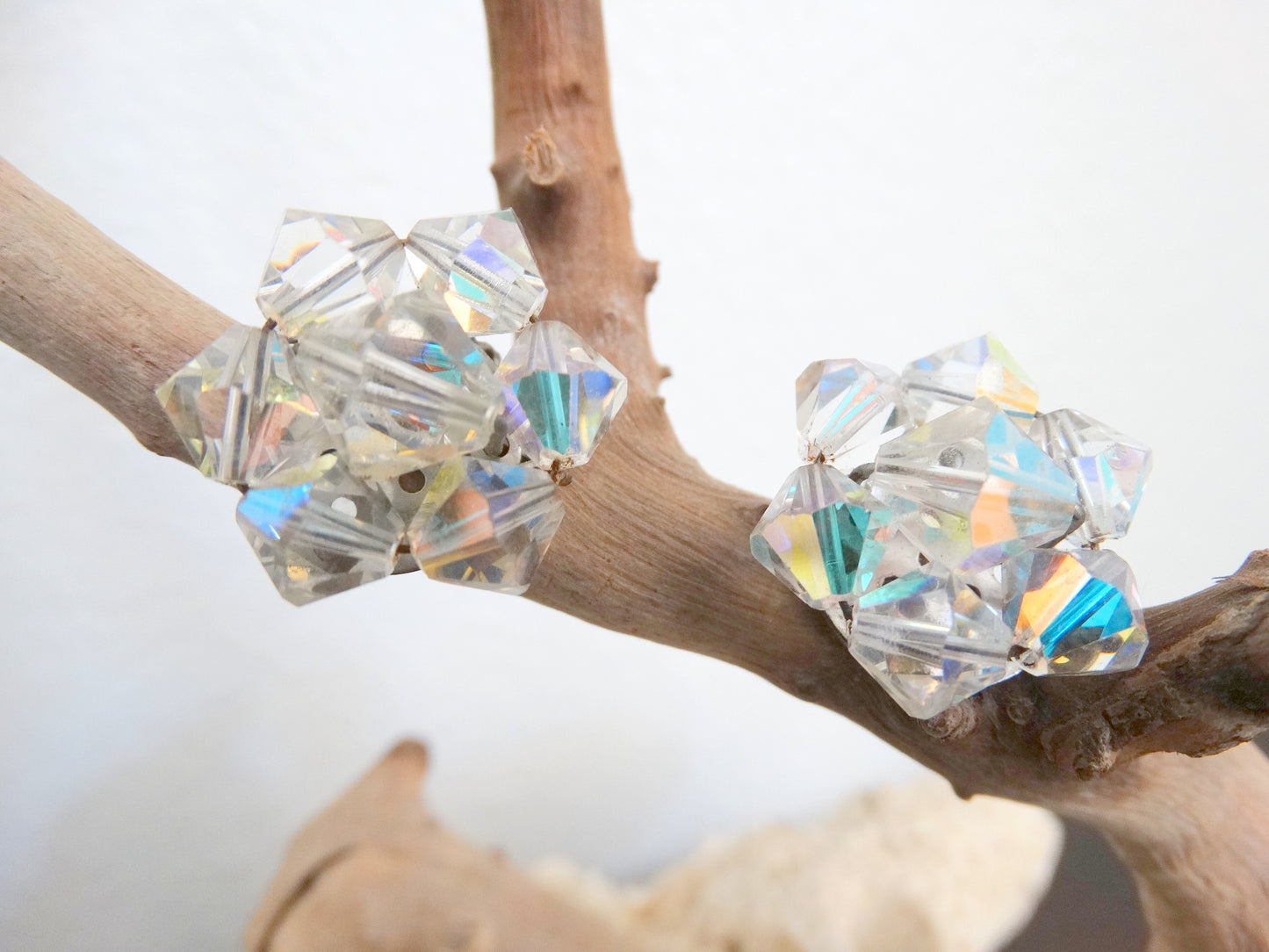 Vintage Aurora Borealis Crystal Clip-On Earrings  Mid-Century Iridescent Cluster image 2