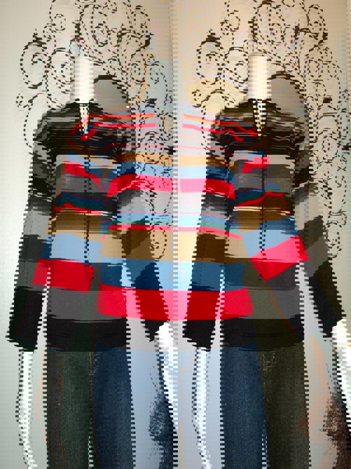 Vintage 70s Striped Bell Sleeve Top - Red, Blue, Black, Tan - Size S/M