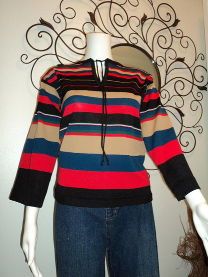Vintage 70s Striped Bell Sleeve Top - Red, Blue, Black, Tan - Size S/M