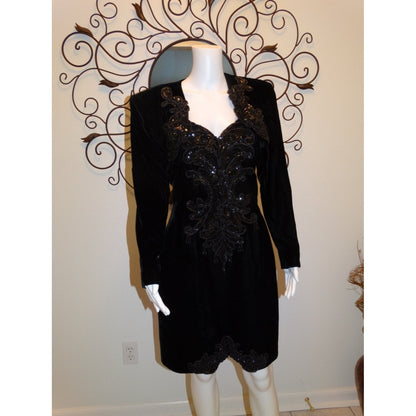 Vintage 80s Velvet Mini Dress & Bolero Sequin Beaded Party Little Black Dress