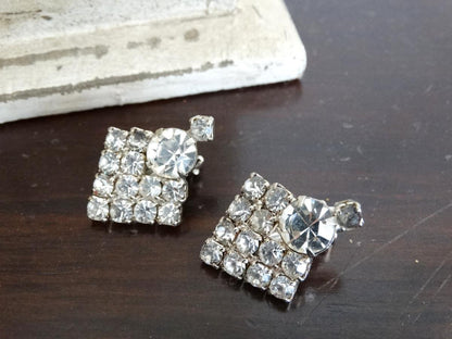 Vintage Rhinestone Square Clip-On Earrings 1950s Mid-Century Glam image 0
