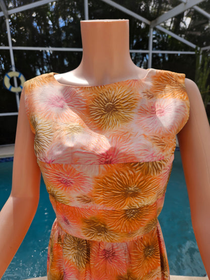 Vintage 1960s Floral Sleeveless Sheath Dress Pink Orange image 1