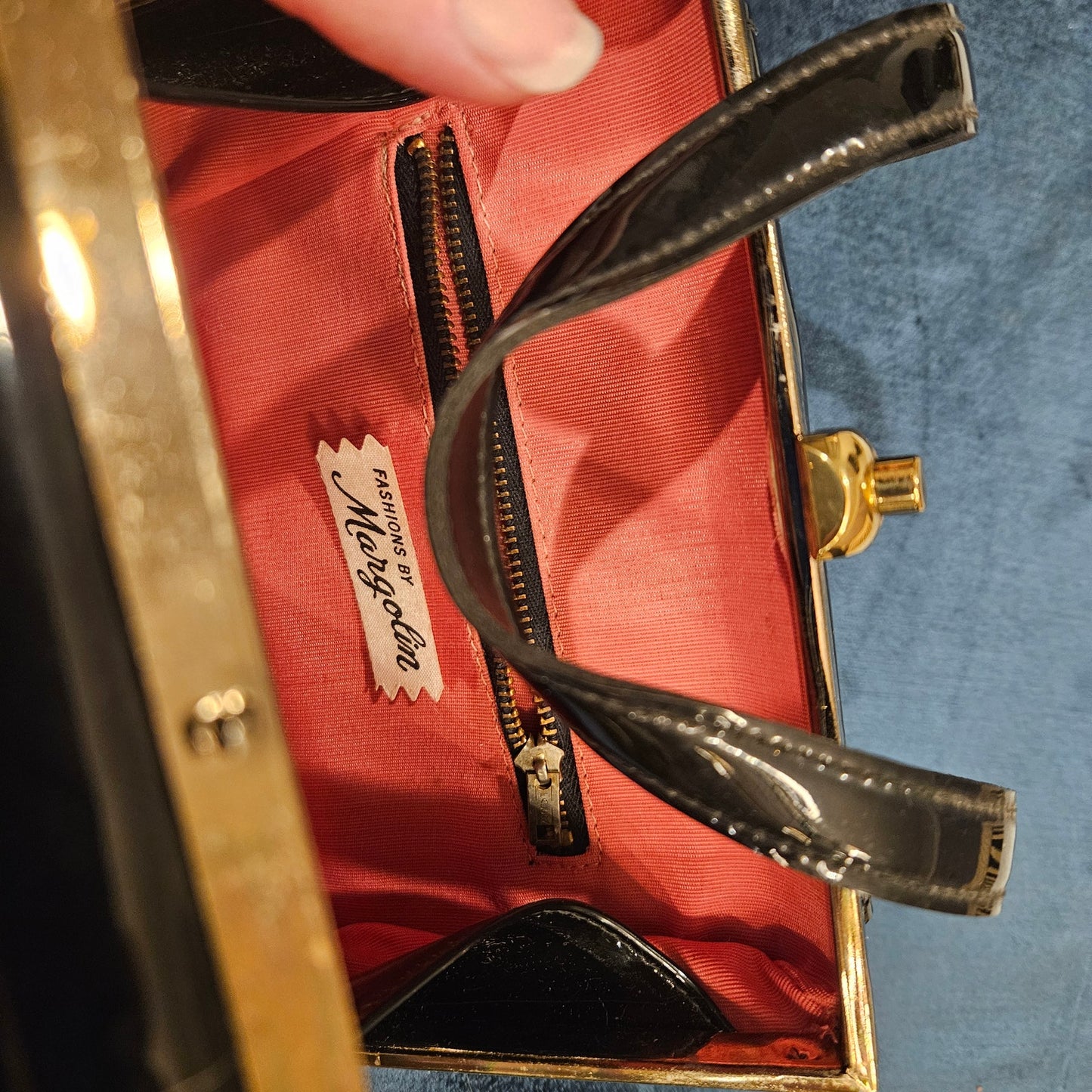Vintage 1960s Margolin Black Patent Leather Handbag with Top Handle & Pink Interior