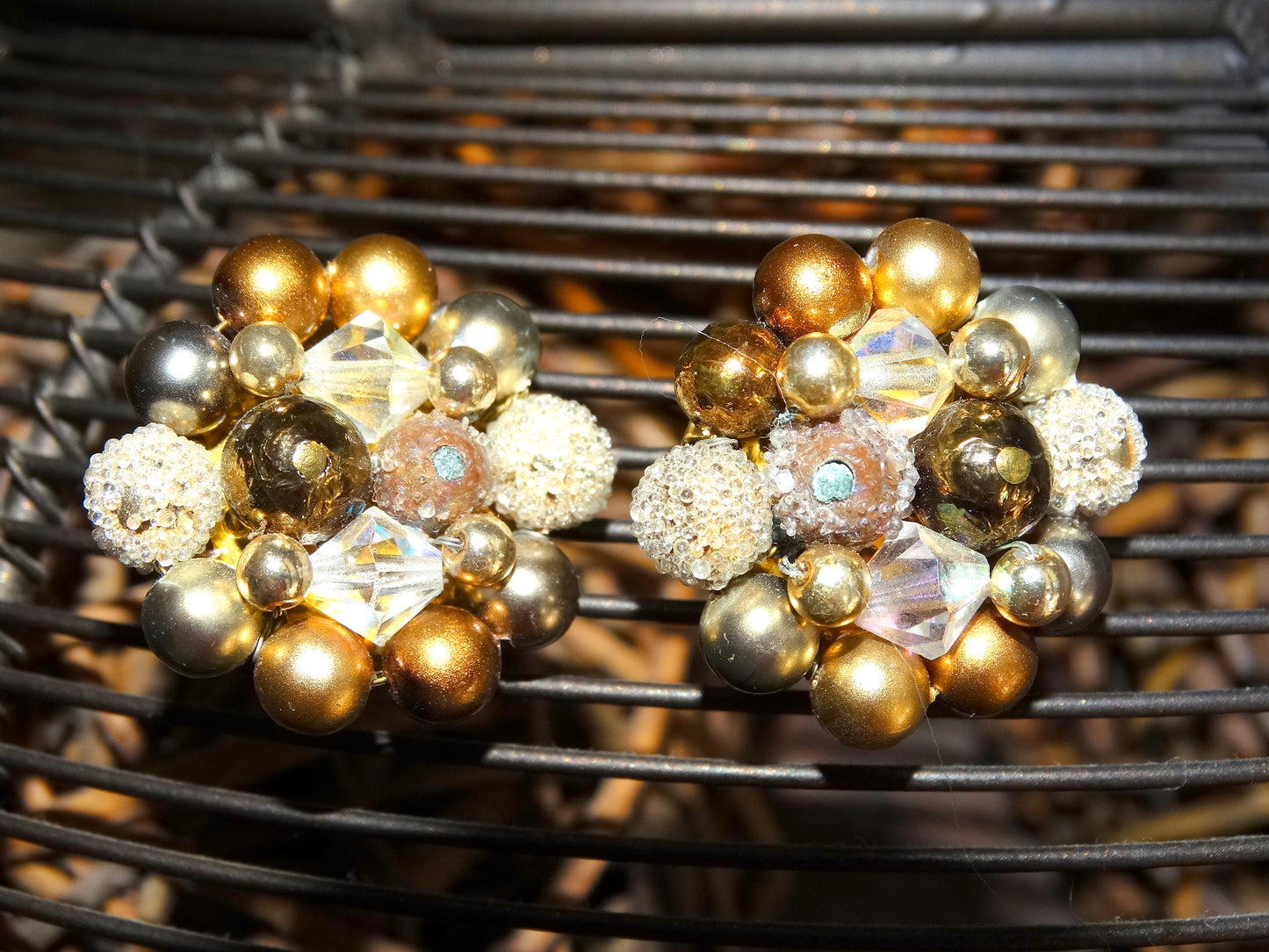 Vintage Beaded Cluster Clip-On Earrings Gold, Bronze & Silver Aurora Borealis image 4