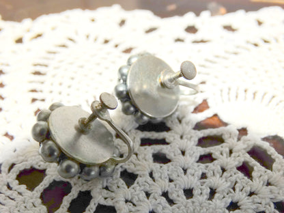 Vintage Gunmetal Cluster Screw-Back Earrings 1950s Gray Beaded Bubble Earrings image 3