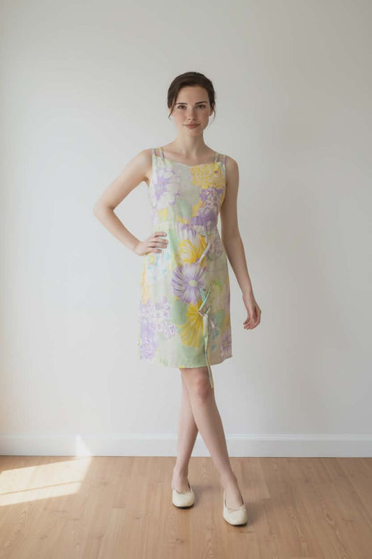 Vintage 1960s Floral Cottagecore Sundress - Pastel Garden Print Tie-Side Midi