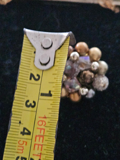 Vintage Gold & Silver Mid Century Beaded Cluster Clip-On Earrings Crystal Accents