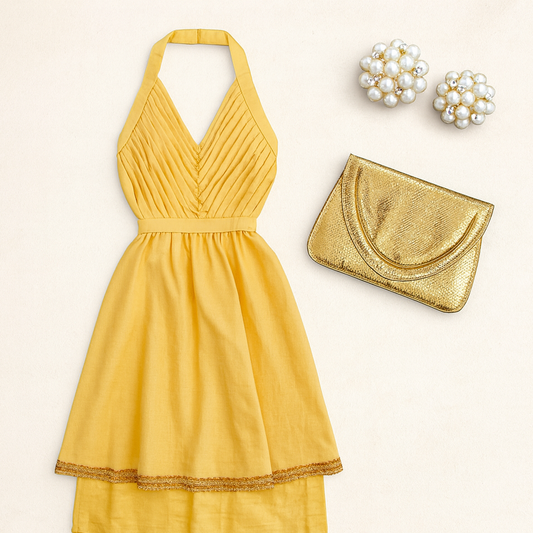 Vintage 1960s Gold Silk Halter Maxi Dress - Pleated Sequin Gala Gown