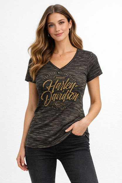 Harley-Davidson Women’s Marled V-Neck Graphic Tee – Gold Logo (NWT)