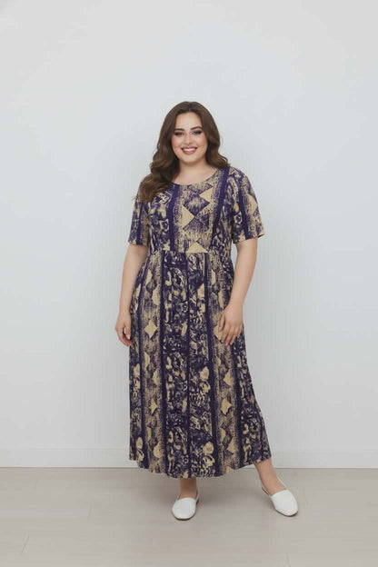 Vintage K.C. Spencer Navy & Tan Empire Waist Midi Dress – Abstract Print – Size 12