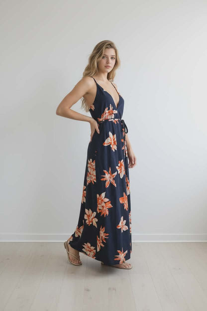Simplee Navy Blue & Orange Floral Halter Maxi Dress – Size Large (NWT)
