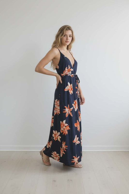 Simplee Navy Blue & Orange Floral Halter Maxi Dress – Size Large (NWT)