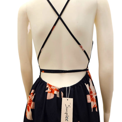 Simplee Navy Blue & Orange Floral Halter Maxi Dress – Size Large (NWT)
